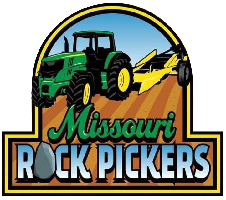 logo with green tractor on brown soil and text Missouri Rock Pickers